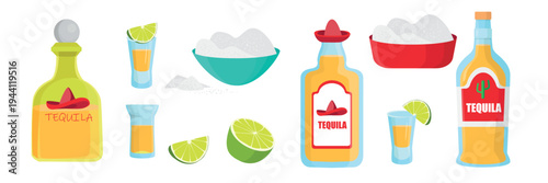 Set of Mexican alcoholic drinks tequila in cartoon style.Vector illustration: bottles of different shapes with labels, tequila glasses, bowls with salt, half, lime slices isolated on white background.