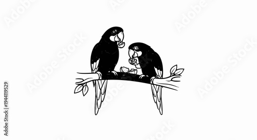 Two parrots perched on a branch, eating from a shared fruit