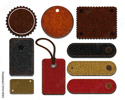 Leather labels and tag set with stitched textures, patches and blank name plates in various shapes and colors, realistic branding elements isolated on white