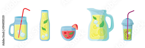 Set of refreshing fruit lemonades, drinks in cartoon style. Vector illustration of different containers of lemonades: jar with handle, bottle, glass, jug with lemons, ice cubes, strawberries, kiwi.