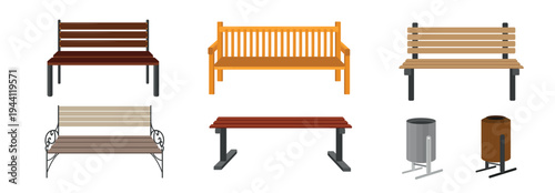 Set of street benches and bins front and side view in cartoon style. Vector illustration of wooden benches with metal frame, armrests, backs, trash cans on racks isolated on white background.