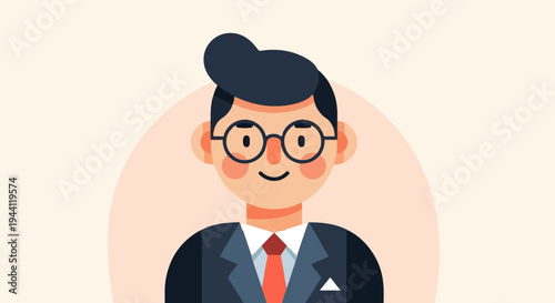 Smiling man wearing glasses, suit, and tie against a pastel background