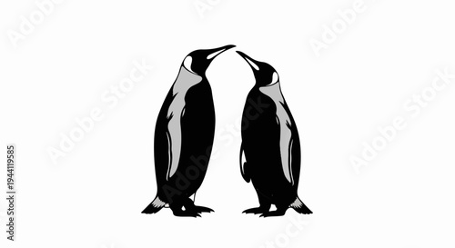 Two penguins stand face to face, touching beaks against a white background