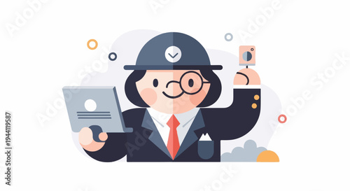 Cheerful person in hat and suit with tablet and camera