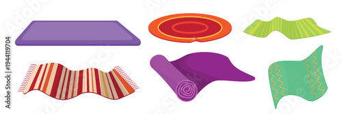 Set of colorful floor mats in cartoon style. Vector illustration of beautiful rectangular, round rugs, rolled, unfolded with patterns in stripes, waves isolated on white background. Home decor.