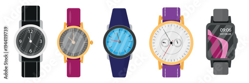Set of beautiful wristwatches in cartoon style. Vector illustration of mechanical, smart - watches with hands, dials, time display, date, colored straps isolated on white background. Time tracking.