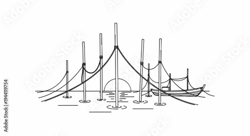 Stylized drawing of a harbor with moored boats and poles