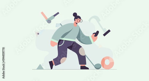 Modern cartoon person plays golf with phone