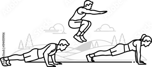 Three people doing different exercises outdoors with hills and trees in background