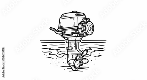 Stylized black and white illustration of a marine outboard motor submerged in water
