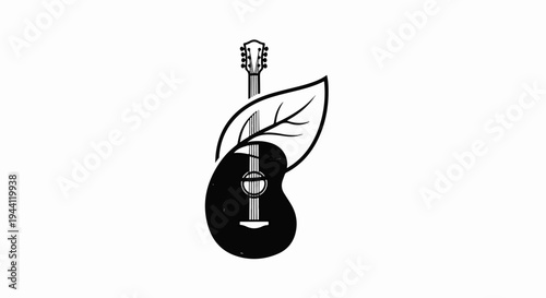 Silhouette of a guitar emerging from a large leaf shape