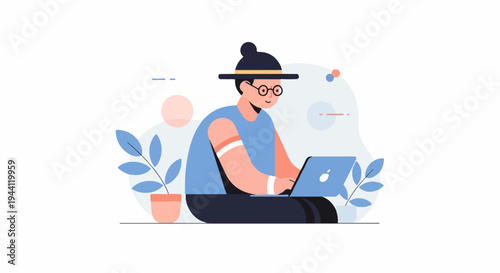 Stylized character wearing hat and glasses works on laptop with plants