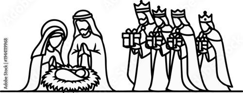 Stylized depiction of a nativity scene with Mary, Joseph, and three kings bearing gifts