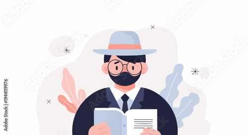 Person wearing mask, glasses, hat, suit, reading a book
