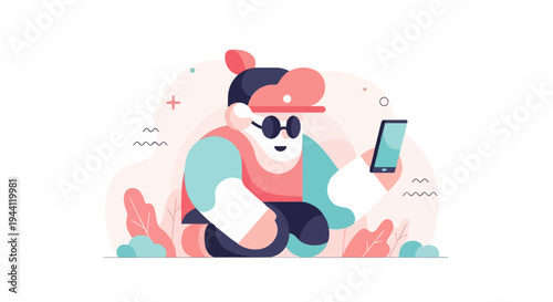 Stylized character in casual wear and sunglasses happily uses a smartphone outdoors