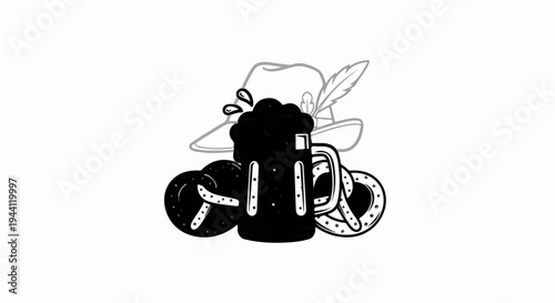 Beer mug with pretzels and feathered hat