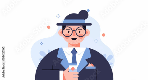 Cheerful man in suit and hat holding a cup with a smile and glasses