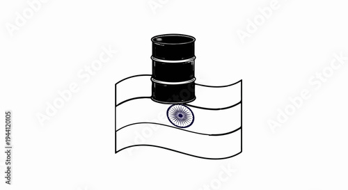 Stylized depiction of stacked oil barrels atop a national flag