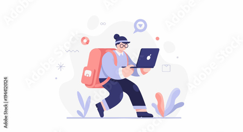 Person with backpack carrying laptop walks among stylized plants