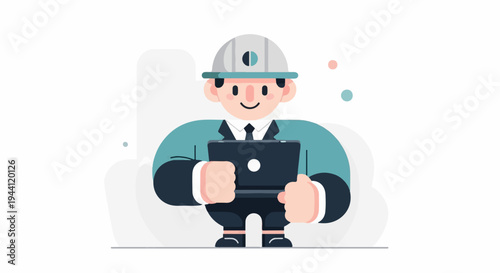 Cartoon engineer in hard hat holds laptop, smiling cheerfully