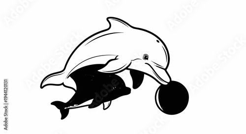 Two dolphins, one large, one small, play with a ball