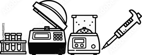 Scientific laboratory equipment, including test tubes, centrifuge, shaker, and pipette