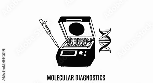 Scientific lab equipment with DNA helix symbol and text
