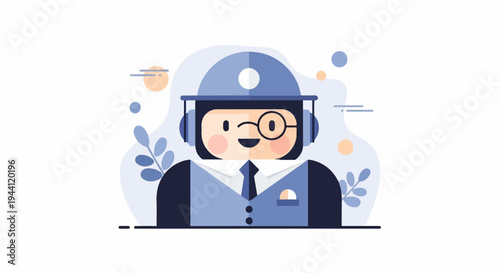 Cheerful cartoon character in blue suit, headset, and hat