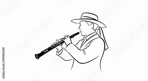 Stylized sketch of a person in a hat playing a woodwind instrument