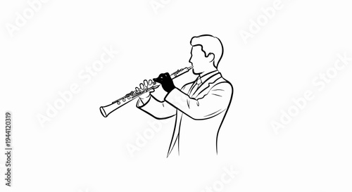 Stylized outline of a person in a suit playing a clarinet