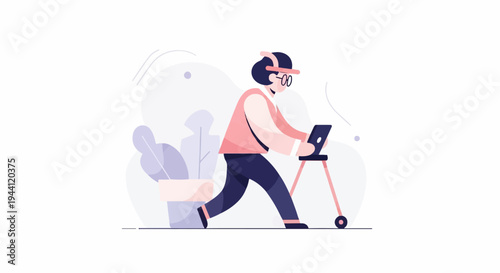 Person using a walker and tablet, surrounded by stylized plants and abstract shapes