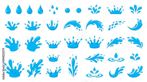 Collection of vibrant blue water splash and droplet illustrations on a white background