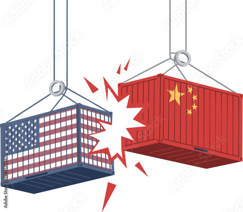 US and China trade conflict concept with shipping containers crash, global trade war tariff dispute economic rivalry illustration