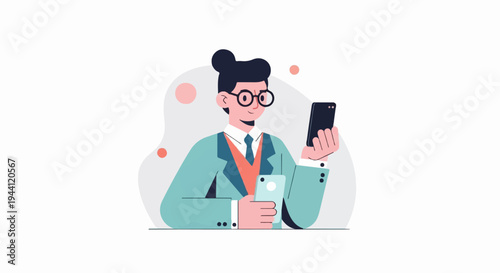 Stylized person in suit and tie holds two smartphones, interacting