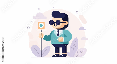 Cartoon man in sunglasses and suit holds a camera on a stick