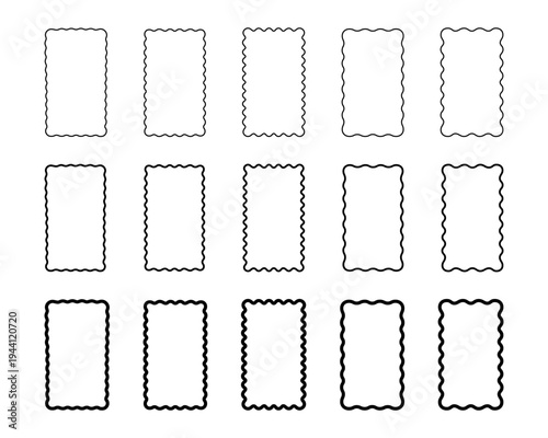 Set of rectangular frames with wavy edges. Rectangle shapes with curvy borders. Picture or photo vignettes, empty textboxes, tags or labels isolated on white background. Vector graphic illustration.