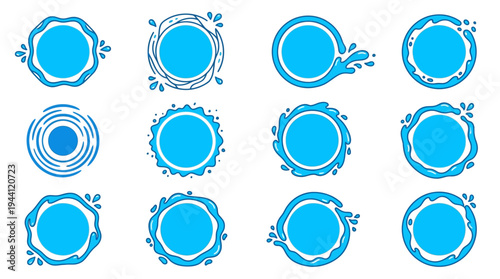 Various circular water splash designs in blue, showcasing different styles and movements