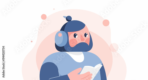 A stylized character with a beard and headphones reads a book