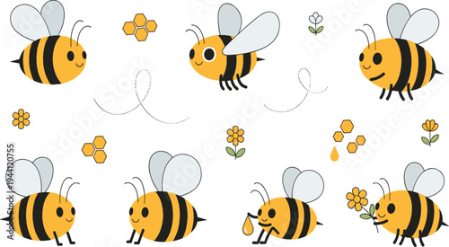 Cute Honey Bee Cartoon Vector Set Featuring Adorable Bees Flying, Pollinating Flowers and Carrying Honey with Honeycomb, Blossoms and Nature Elements.