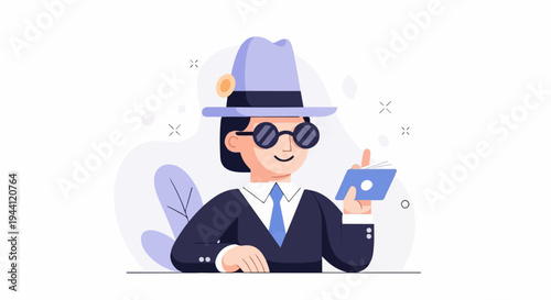 A person in a suit and hat reads a small blue book, looking mysterious