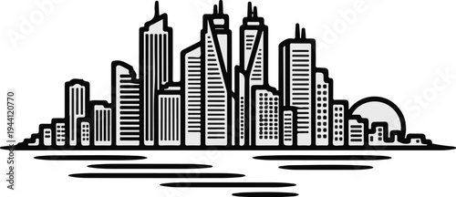 Stylized cityscape with varied building heights and a setting sun