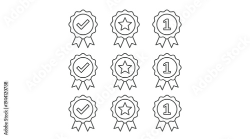 Nine identical badges in 3x3 grid with checkmarks stars and numbers on ribbons illustration