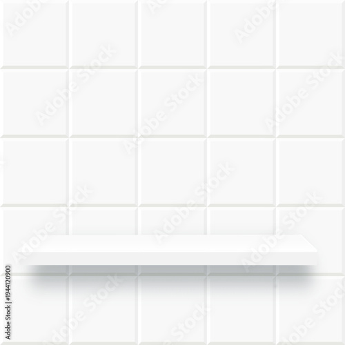 White shelf on wall. Bathroom or kitchen interior with product podium. Vector