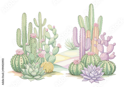 A vibrant desert landscape illustration featuring a variety of colorful cacti and succulents in bloom