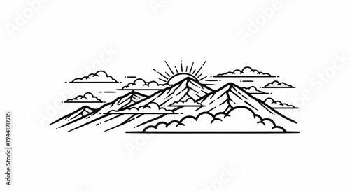 Stylized line art illustration of mountain peaks and clouds at sunrise
