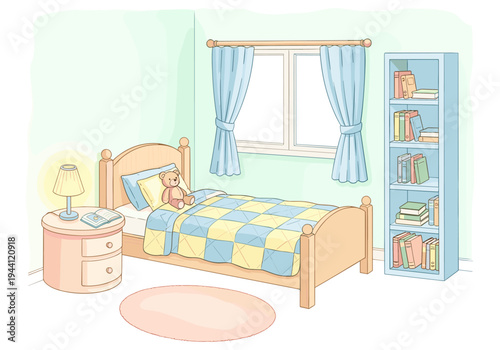 Cozy children's bedroom interior with a bed, bookshelf, and nightstand
