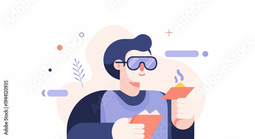 Animated figure with goggles examines a small object, holding clipboard