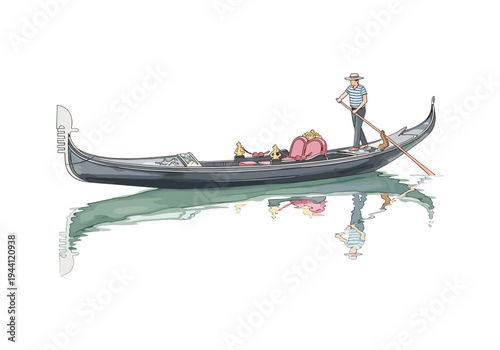 Venetian gondolier steers a traditional gondola boat on calm water with reflection