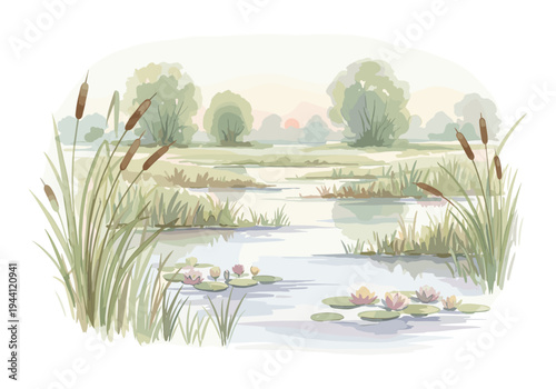 Watercolor painting of a serene marsh landscape with cattails and water lilies at sunrise