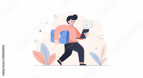 Animated person carries bag and uses laptop amidst abstract shapes and leaves